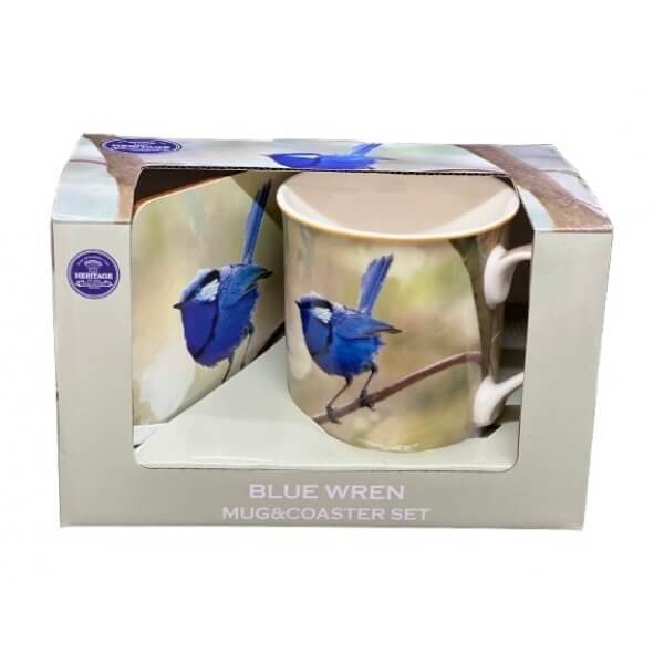 Heritage Blue Wren Mug & Coaster Set, angled view of ceramic mug with blue wren illustration and matching coaster