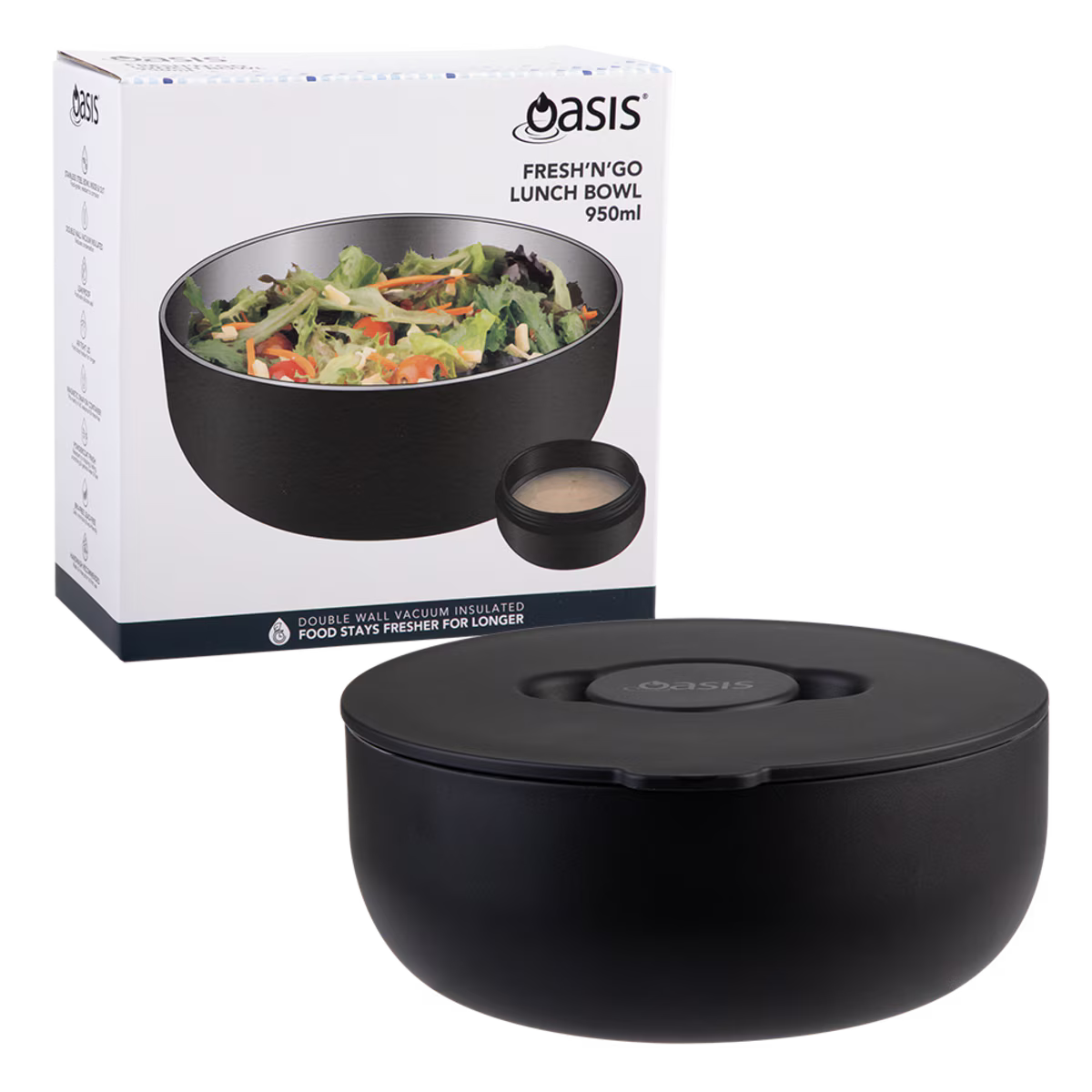 Oasis Fresh'N'Go Lunch Bowl Black 950ml – reusable insulated lunch container with airtight lid, ideal for fresh meals on the go.