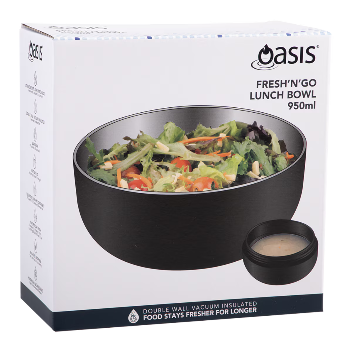 Oasis Fresh'N'Go Lunch Bowl Black 950ml – reusable insulated lunch container with airtight lid, ideal for fresh meals on the go.
