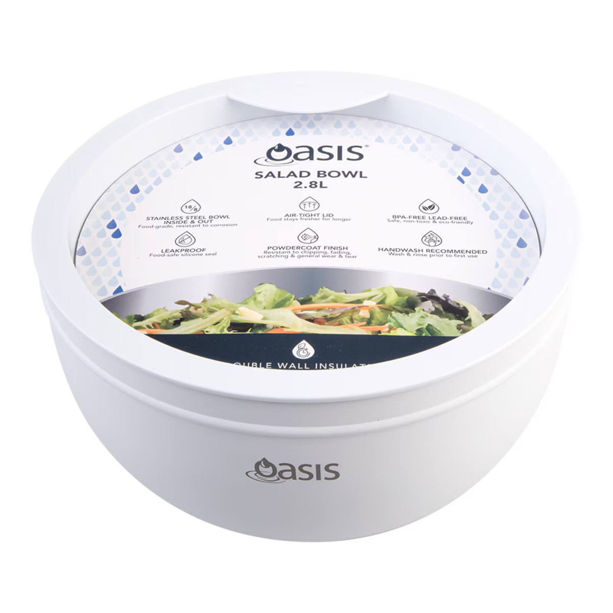 Oasis Salad Bowl with Lid White 2.8L – insulated stainless steel interior bowl with secure lid, ideal for keeping salads fresh and portable