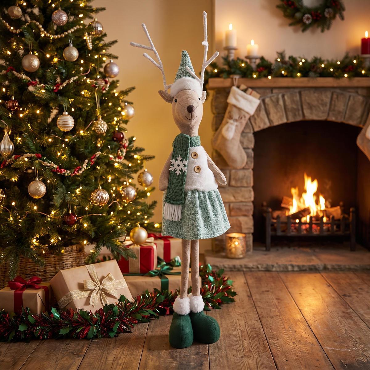 Noel Carol Standing Reindeer Christmas Decoration Green/White 75cm | Minimax