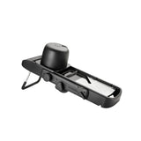 Alligator Mandoline Slicer Black, angled view of slicer with adjustable blades on white background