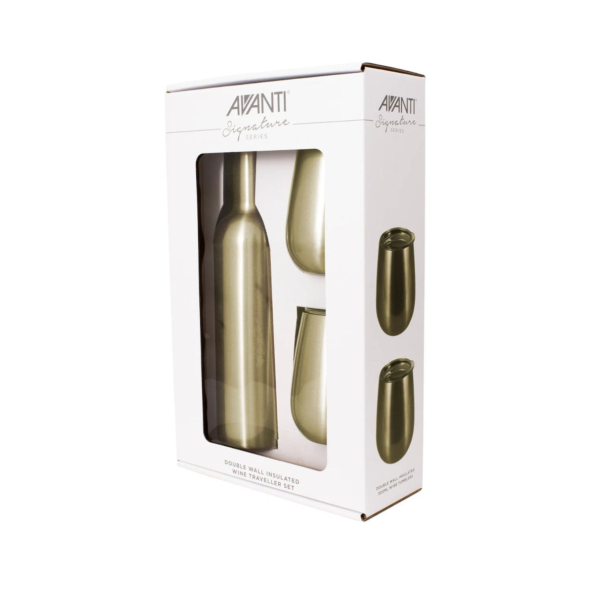 Avanti Traveller Set Gold with insulated stainless steel wine bottle and two matching tumblers
