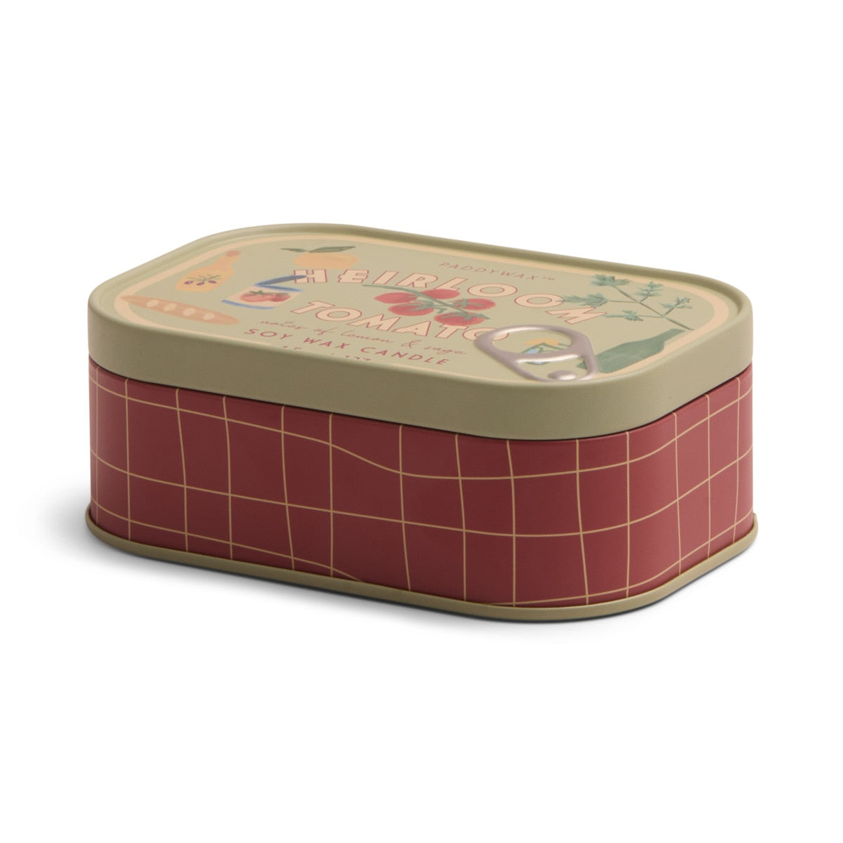 Paddywax Bistro Heirloom Tomato Tin Candle 127g in red patterned tin with open lid and dual wicks.