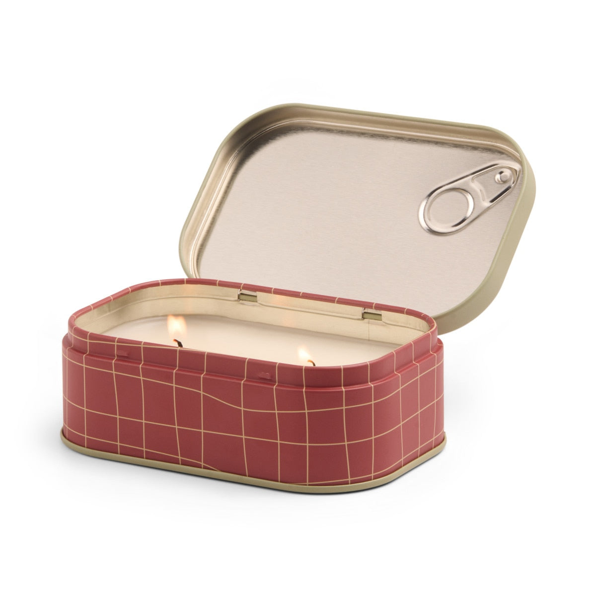 Paddywax Bistro Heirloom Tomato Tin Candle 127g in red patterned tin with open lid and dual wicks.