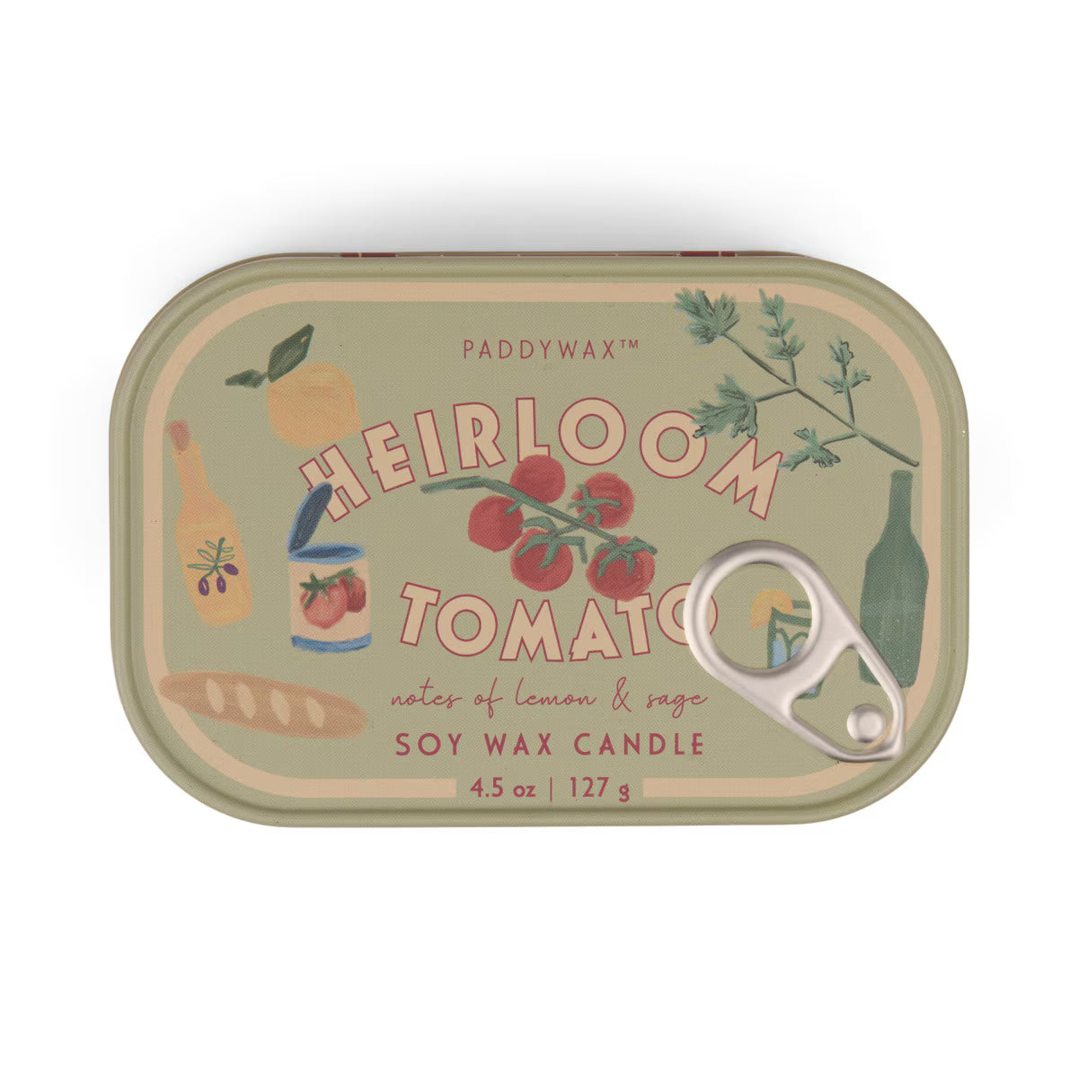 Paddywax Bistro Heirloom Tomato Tin Candle 127g in red patterned tin with open lid and dual wicks.