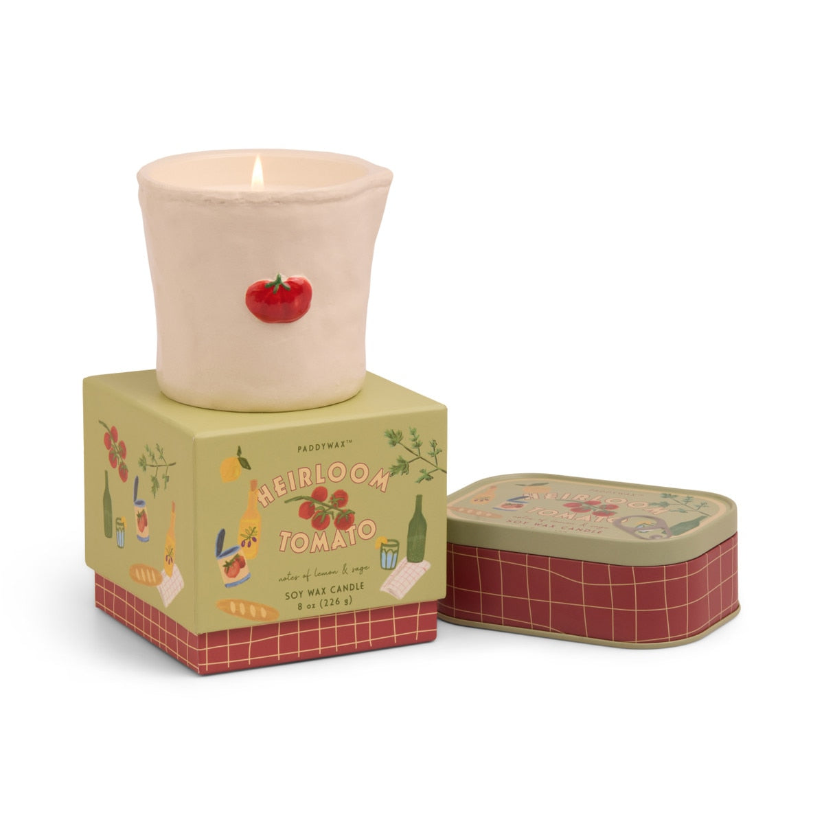 Paddywax Bistro Heirloom Tomato Tin Candle 127g in red patterned tin with open lid and dual wicks.