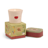Paddywax Bistro Heirloom Tomato Tin Candle 127g in red patterned tin with open lid and dual wicks.