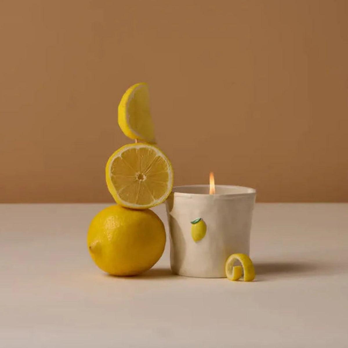 Paddywax Bistro Meyer Lemon Ceramic Candle 226g with lemon-decorated jar beside matching box