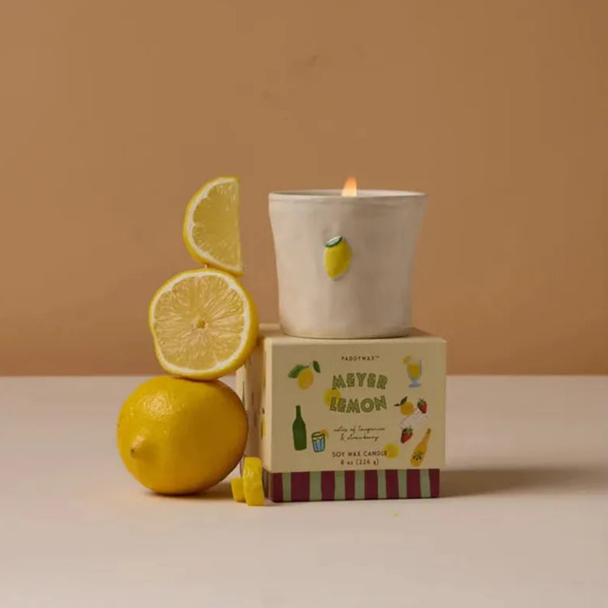 Paddywax Bistro Meyer Lemon Ceramic Candle 226g with lemon-decorated jar beside matching box