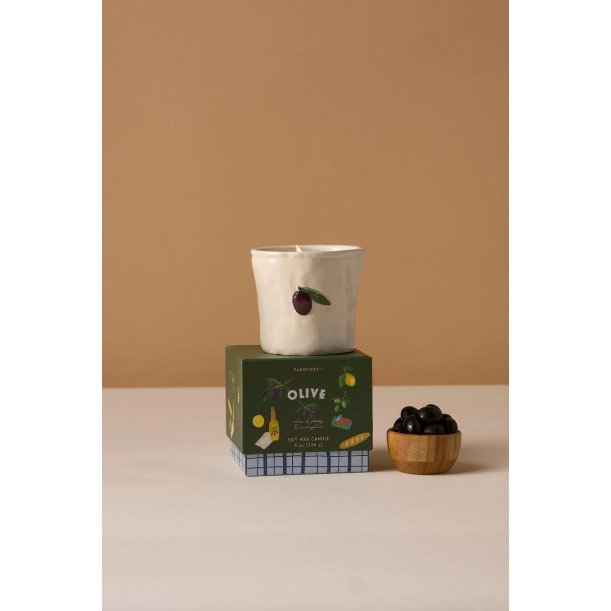 Paddywax Bistro Olive Ceramic Candle Fig & Olive 226g | Minimax - with a packaging box and coloured backgound