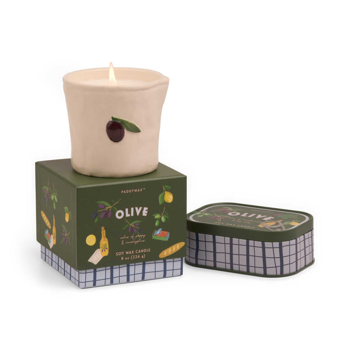 Paddywax Bistro Olive Ceramic Candle Fig & Olive 226g | Minimax - with a packaging box and Olive tin candle