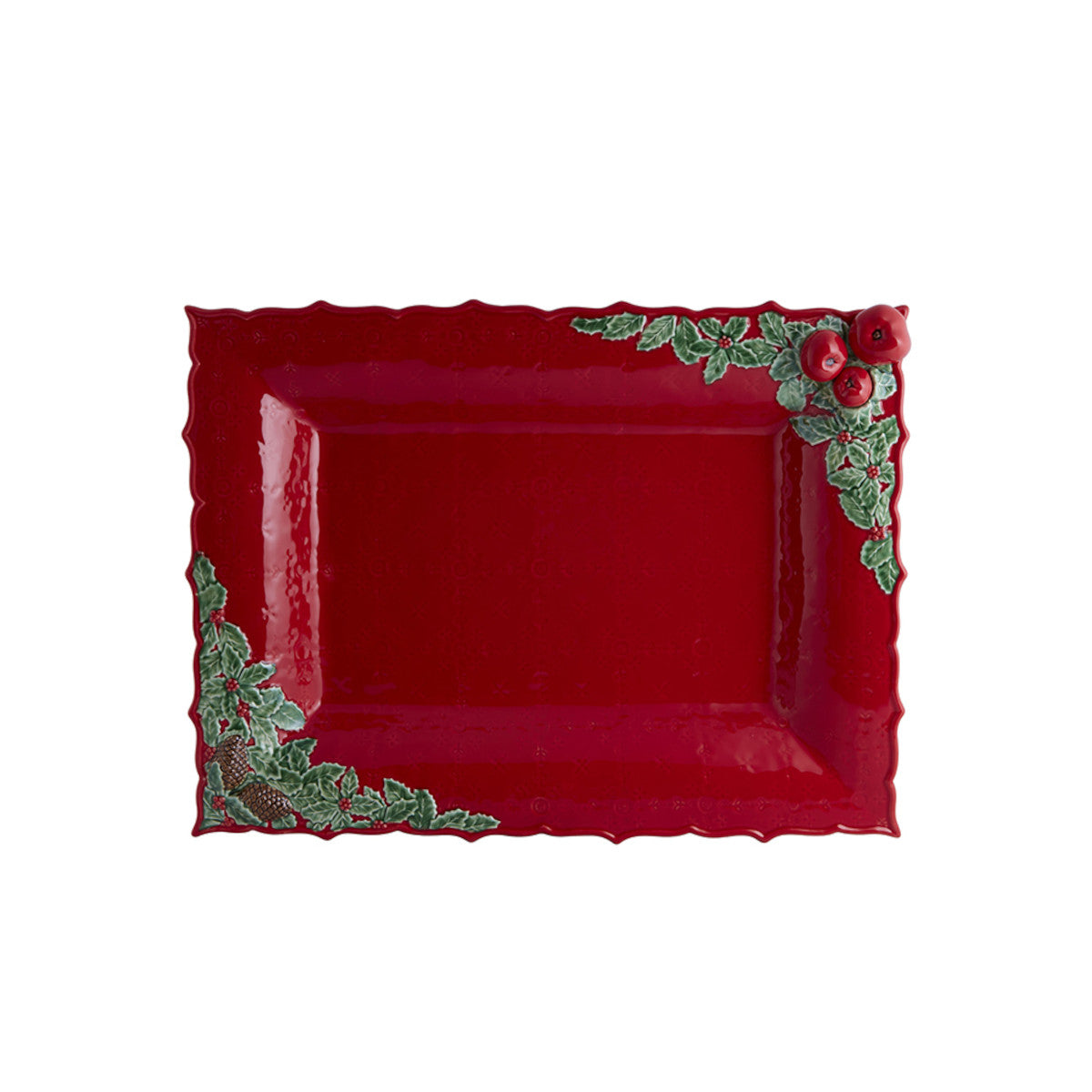 Bordallo Pinheiro Christmas Garland Tray 50cm - Red rectangular tray with holly, pinecone, and festive berry accents