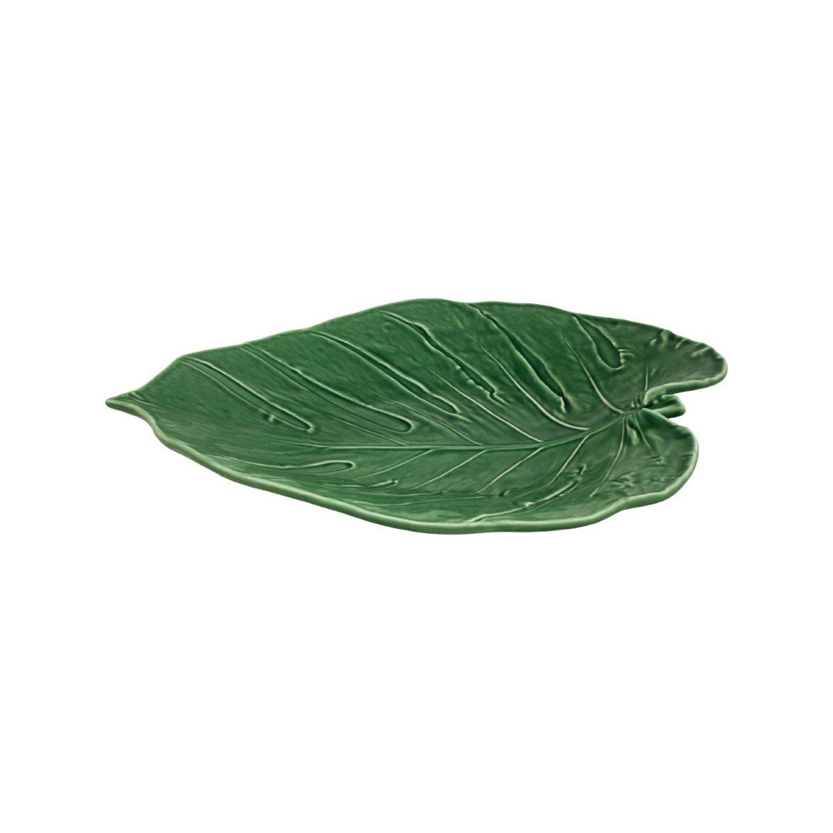 Bordallo Pinheiro Monstera Leaf Platter Green 43cm - Side view of green ceramic monstera leaf platter with textured details