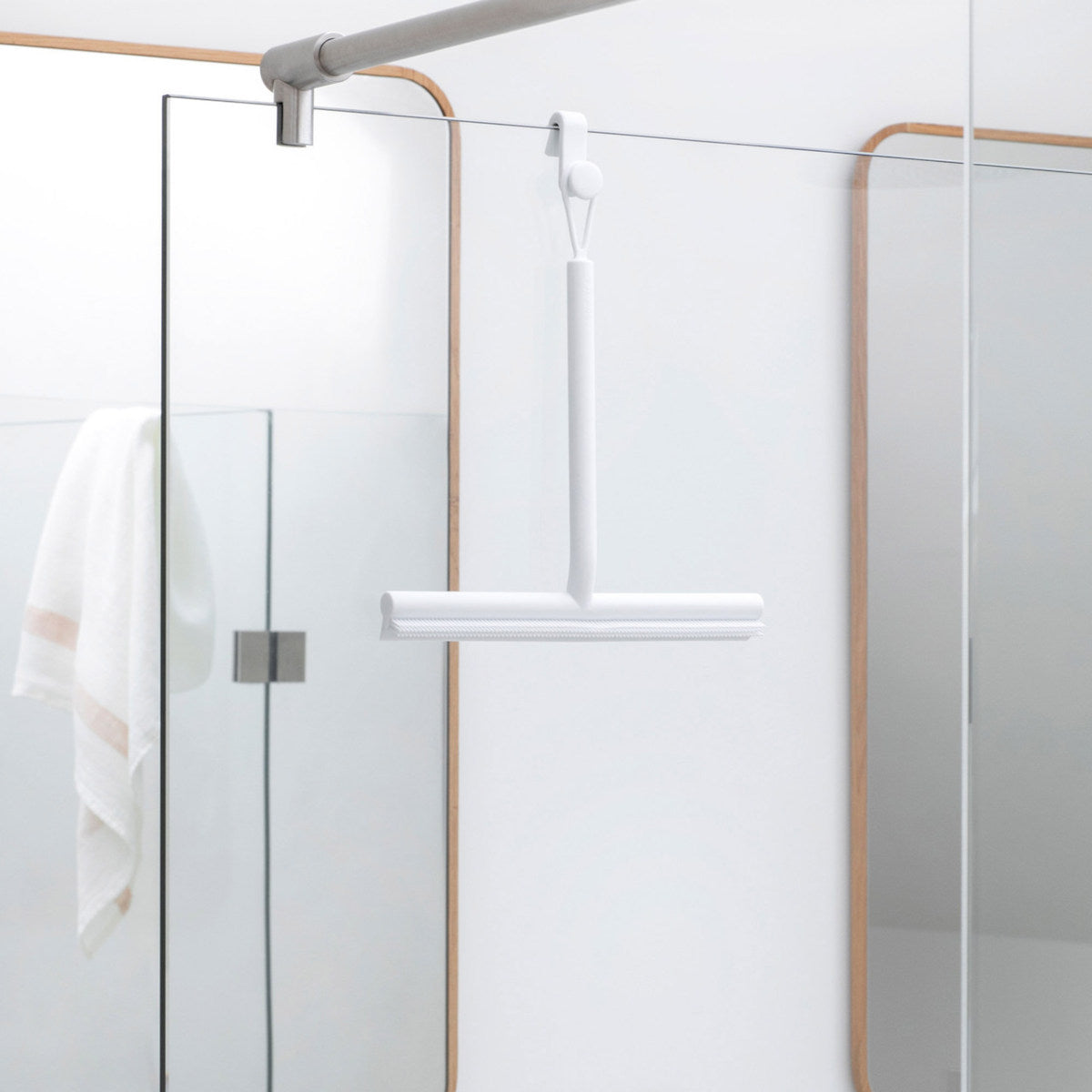 Brabantia Shower Squeegee White, minimalist white shower squeegee with slim handle and rubber blade for streak-free cleaning