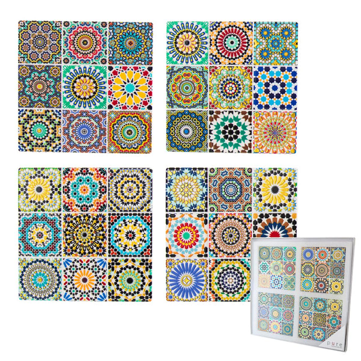 Pure Christmas Hepburn Square Ceramic Coaster Set of 4 – multicolour ceramic coasters with intricate square mandala-style tile patterns