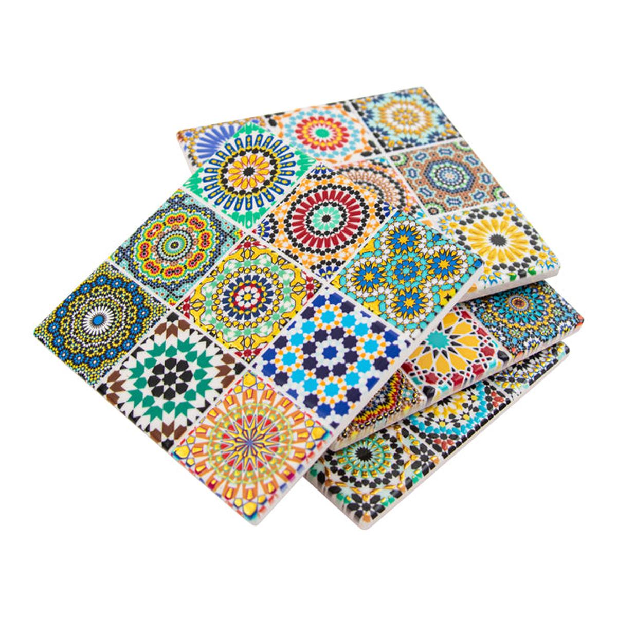 Pure Christmas Hepburn Square Ceramic Coaster Set of 4 – multicolour ceramic coasters with intricate square mandala-style tile patterns