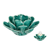 Swing Gifts Ceramic Tea Light Holder Spring Green with lily-shaped petals holding a small candle