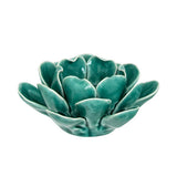 Swing Gifts Ceramic Tea Light Holder Spring Green with lily-shaped petals holding a small candle