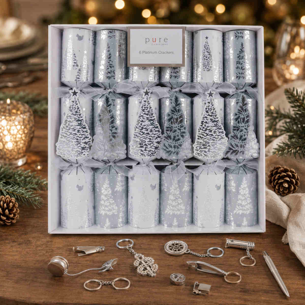 Pure Christmas Platinum Tree Cracker White/Silver 36cm (Set of 6) | Minimax