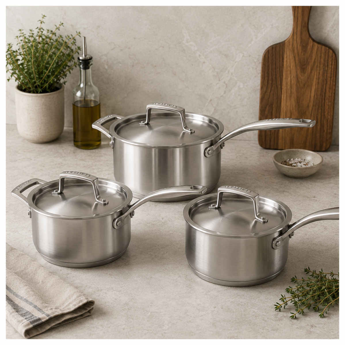 Le Creuset Essential 3-ply Stainless Steel 3-piece Saucepan Set | Minimax