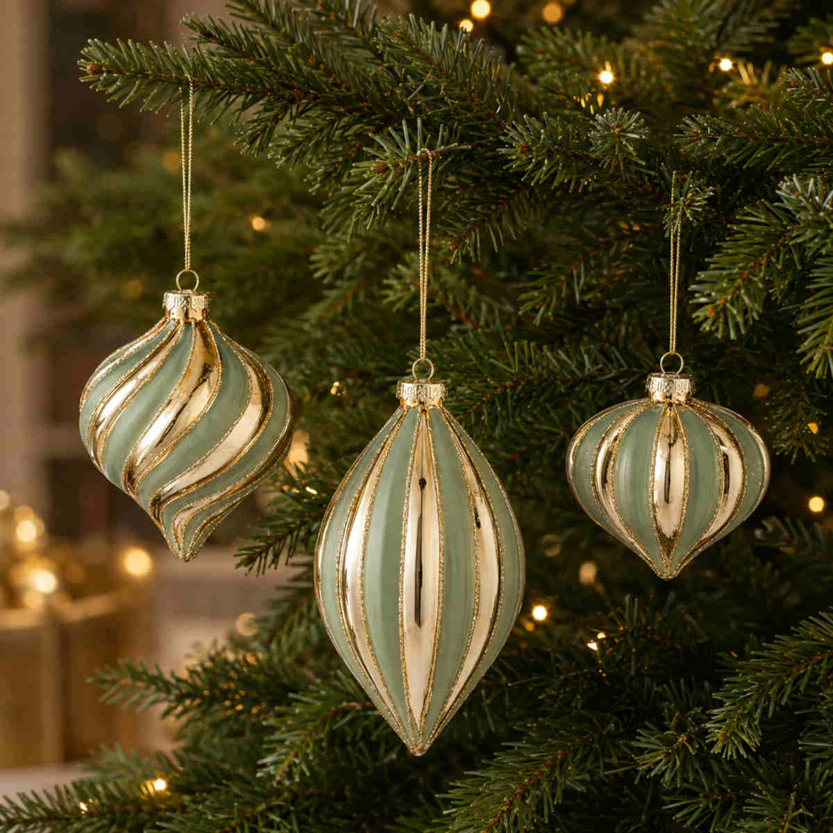 Gala Glass Droplet Shiny Gold/Green 3 Assorted 9cm (Price per item) | Minimax