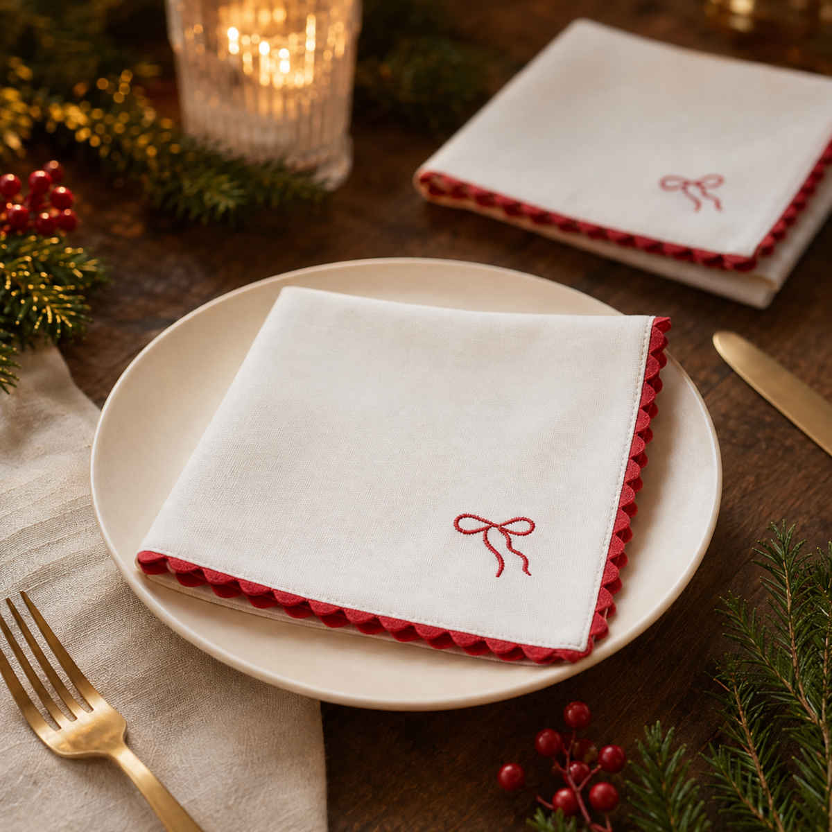 Gala Embossed Bow Cotton Napkin White/Red 40cm | Minimax