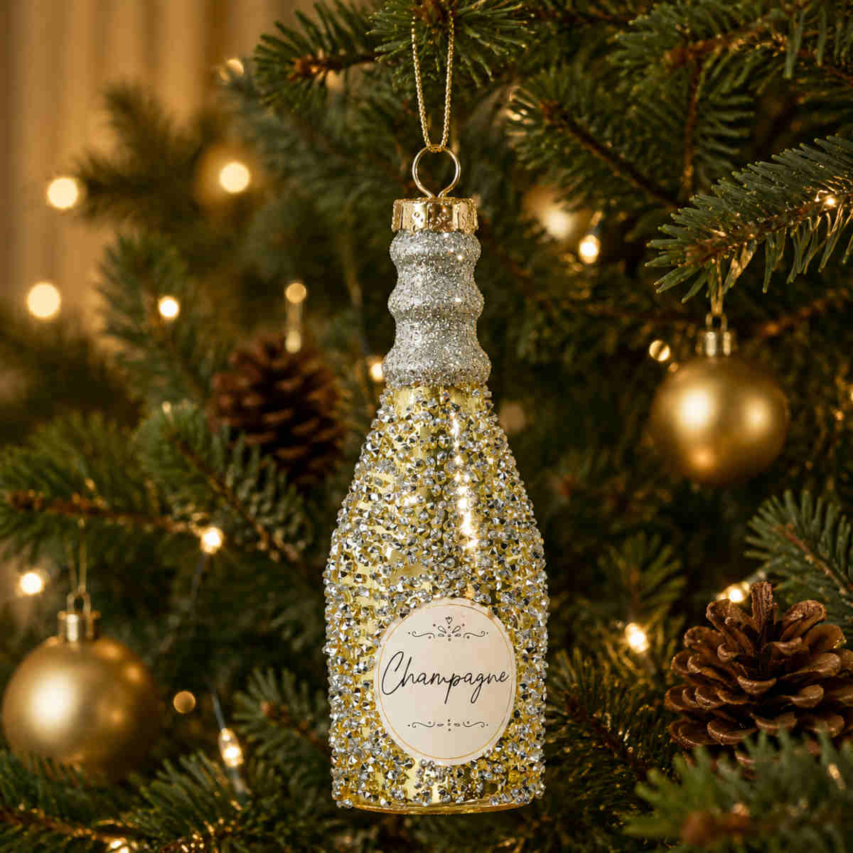 RAZ Glittered Champagne Bottle Ornament Gold 13cm | Minimax