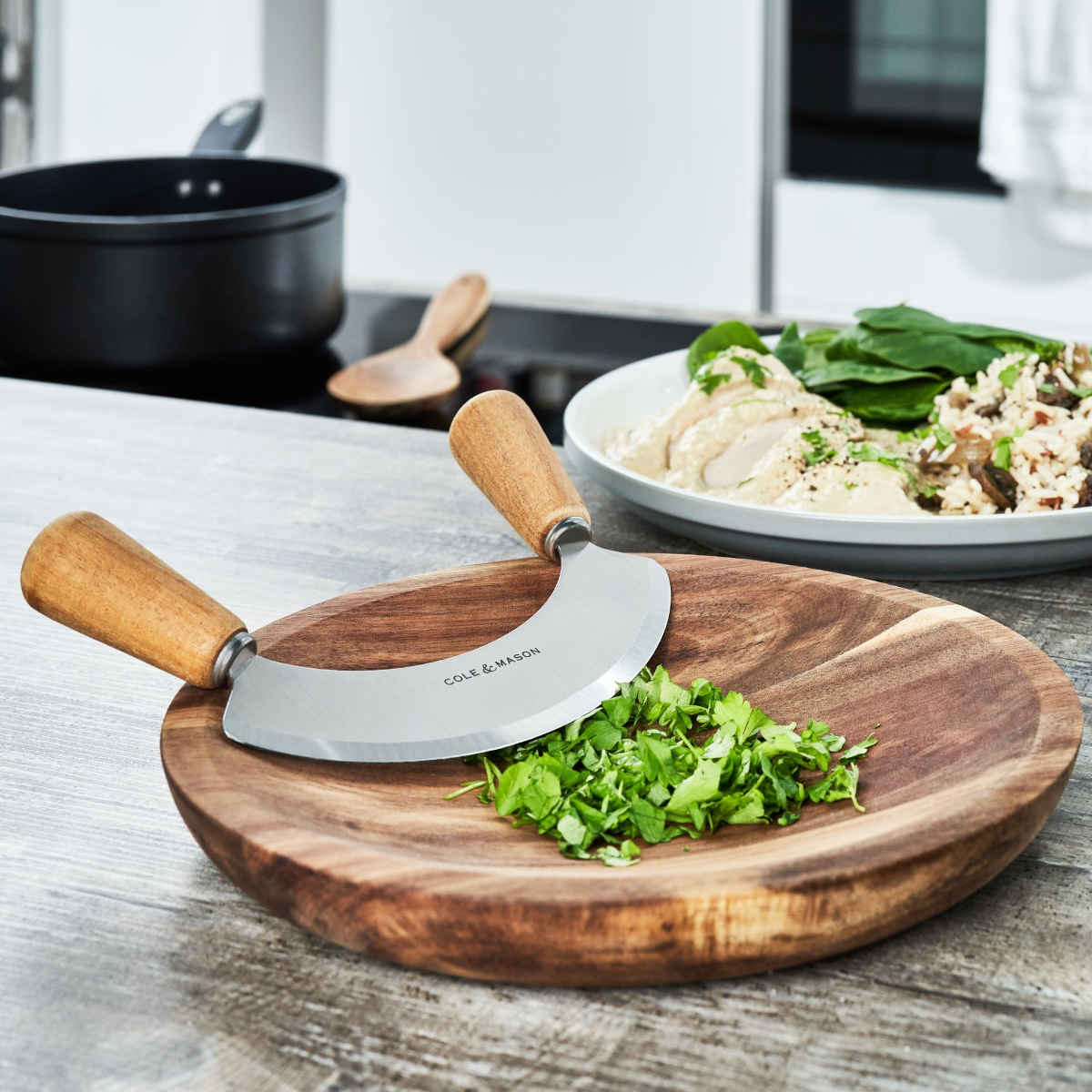 Cole & Mason Ashden Acacia Mezzaluna & Board Set | Minimax