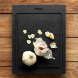 Woll Cut & Serve Board Black 25x19cm | Minimax - with garlic