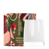 The Aromatherapy Co. White Lily & Holly Candle 80g – festive soy wax candle in white glass jar with seasonal green and red gift box