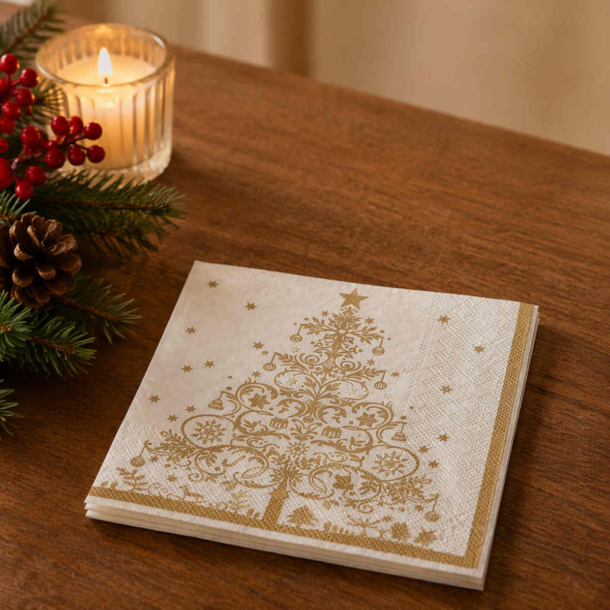 Gala Tree w/Stars Napkin Gold 3Ply 33cm (Pack of 20) | Minimax