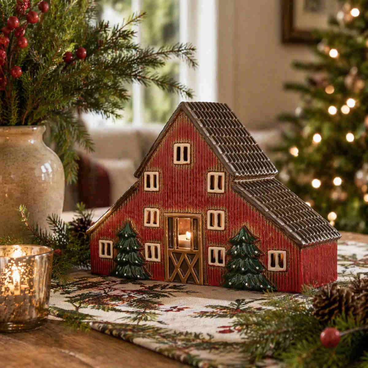 French Country Trees Barn Tealight Red 30.5x11.5x20.5cm | Minimax