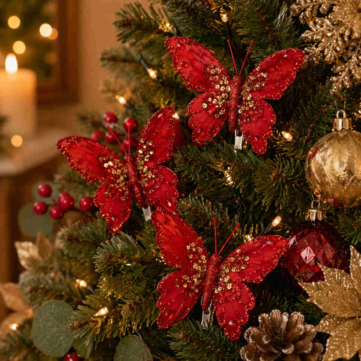 Pure Christmas Feather Butterfly Red/Gold (Pack of 3) | Minimax