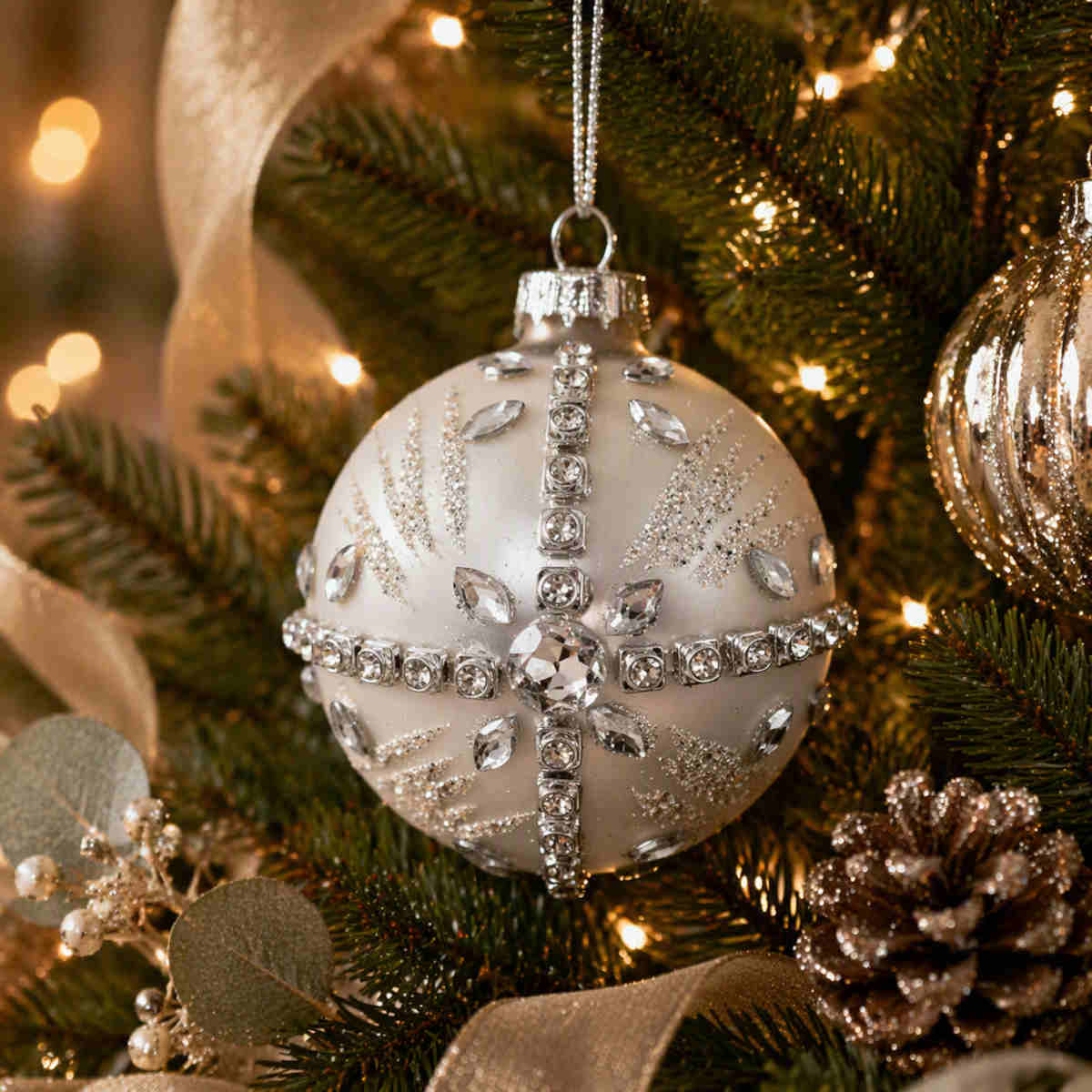 Pure Christmas Glass Bauble With Diamonte Cross White 8cm | Minimax