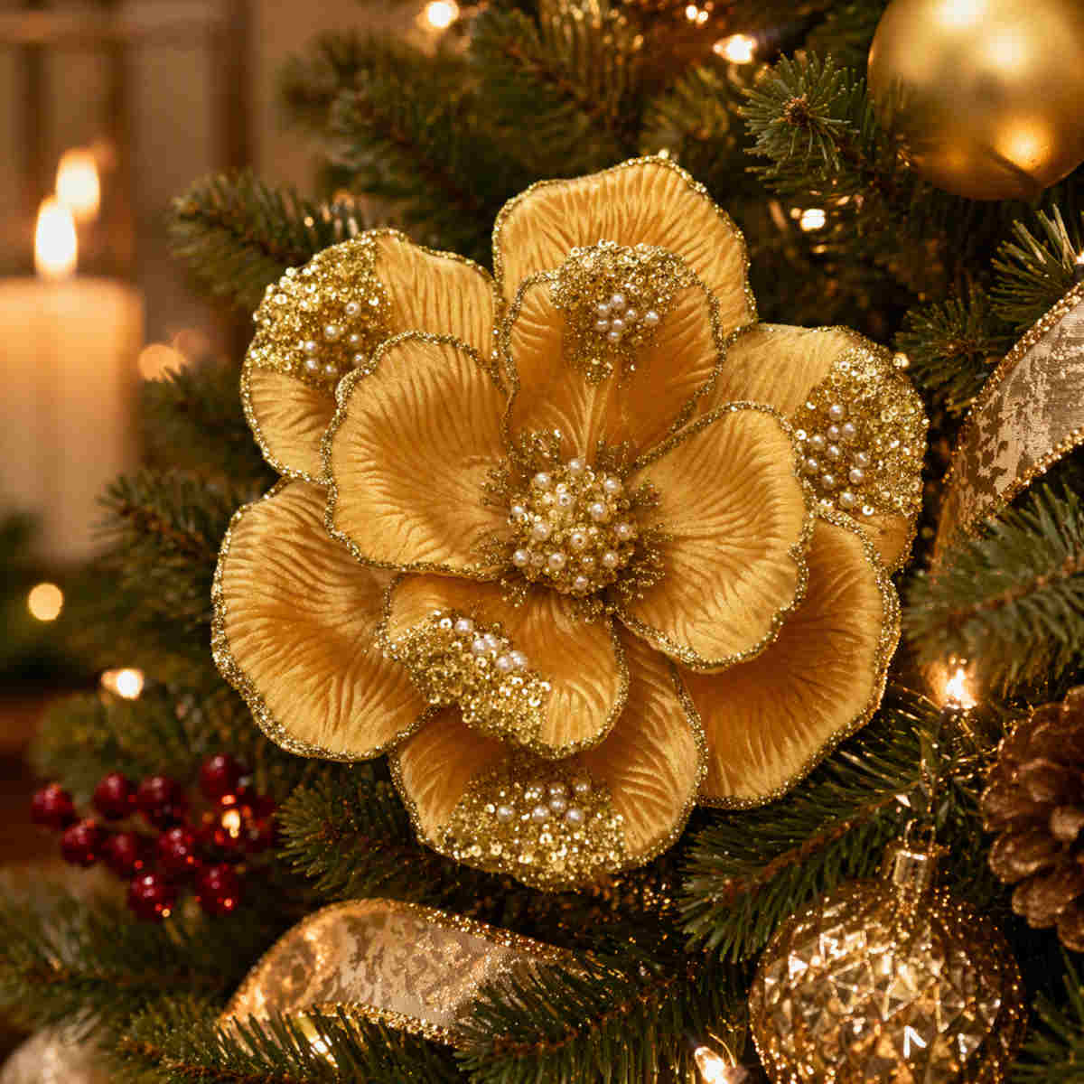 Pure Christmas Magnolia Beaded Petal Clip On Gold | Minimax