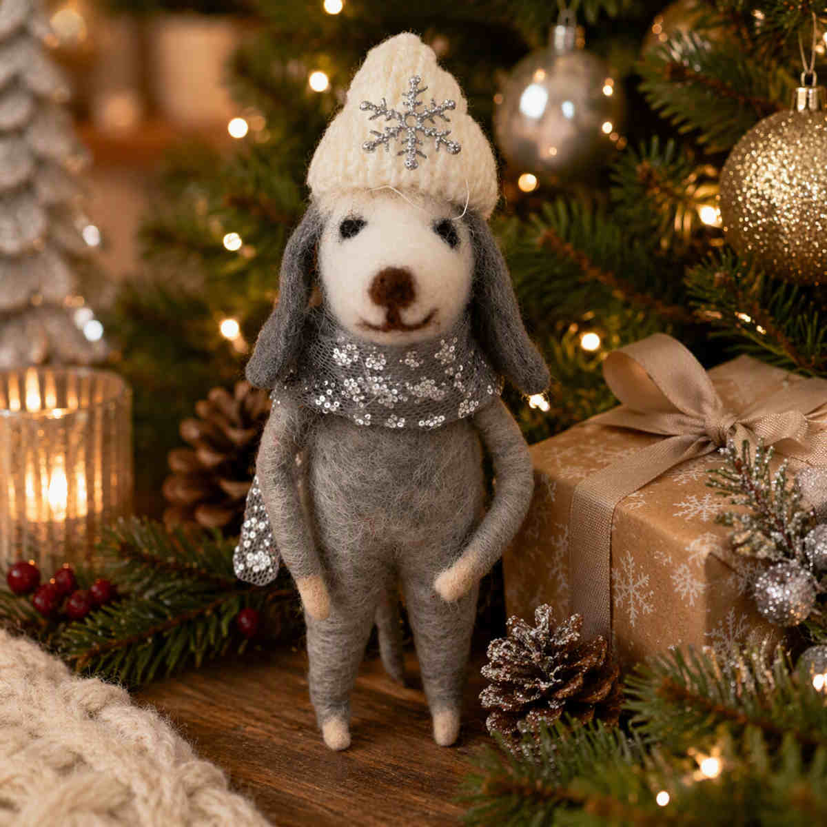 Pure Christmas Felt Dog In Hat Dec White/Silver | Minimax