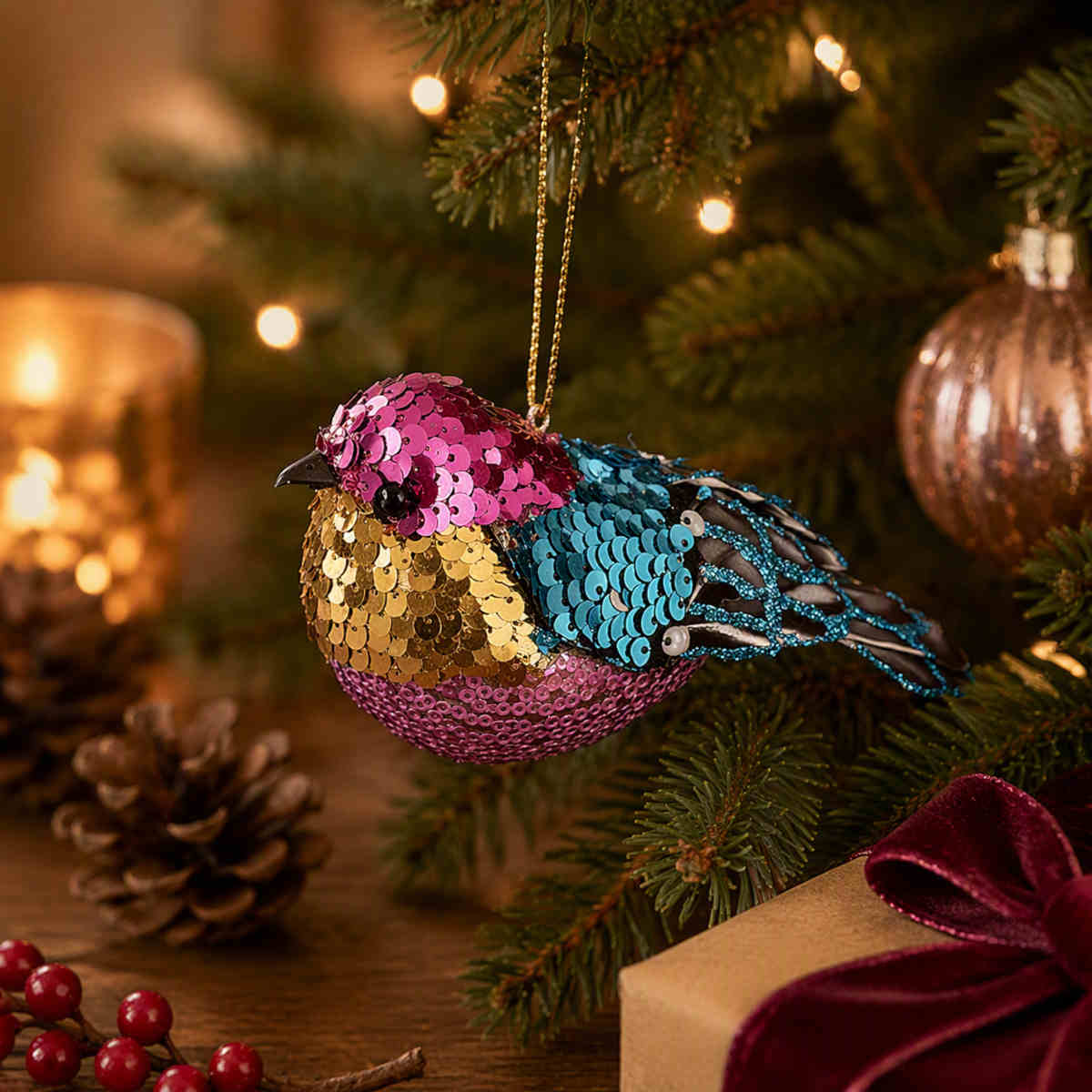 Pure Christmas Glitter Sequin Finch Pink 16cm | Minimax
