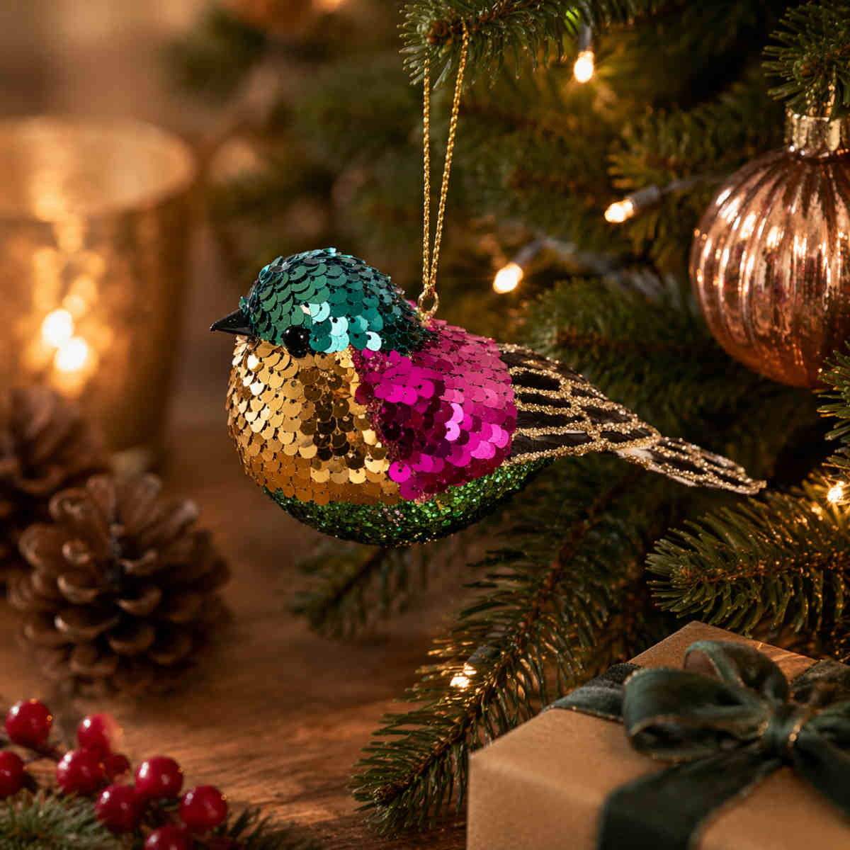 Pure Christmas Glitter Sequin Finch Green 16cm | Minimax