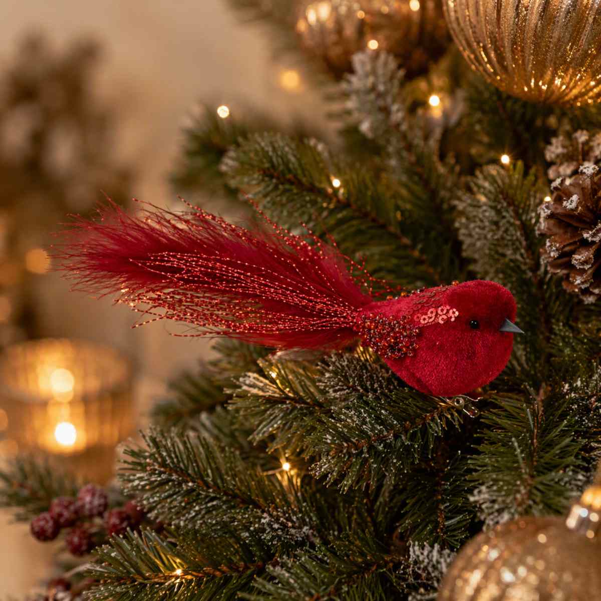 Pure Christmas Velvet Sequin Bird Clip Red