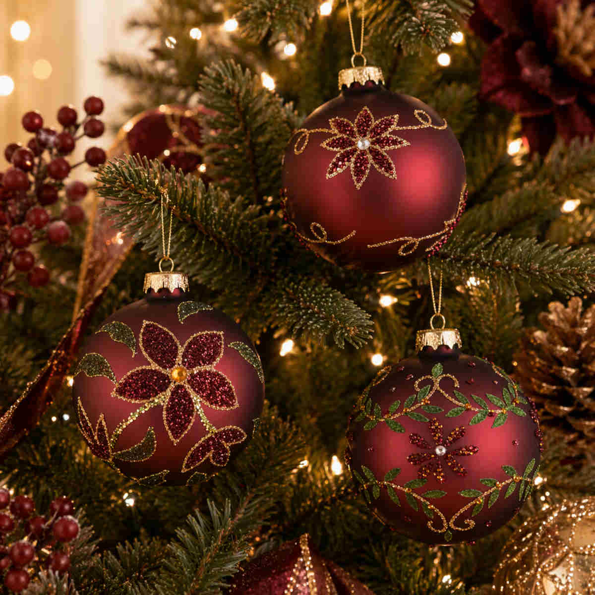 Gala Glass Bauble Glitter Matte Burgundy 3 assorted 8cm (Price per item) | Minimax