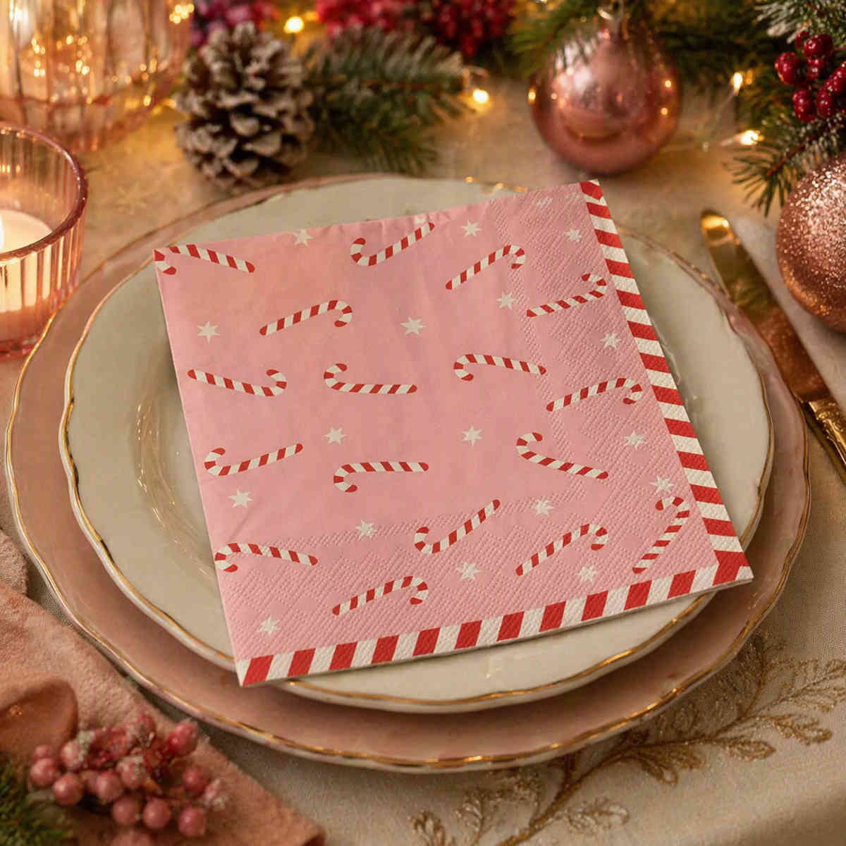 Gala Candy Cane Napkin Pink 3ply 33cm (Pack of 20) | Minimax