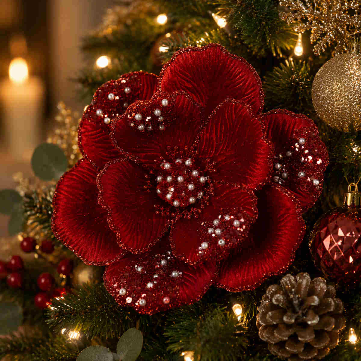 Pure Christmas Magnolia Beaded Petal Clip On Red | Minimax