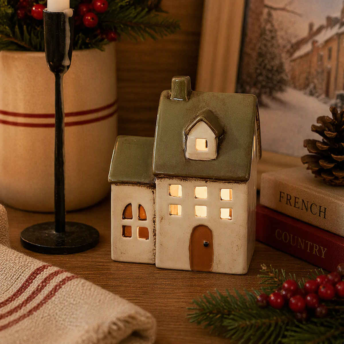 French Country Alsace Tealight Chapel Cream/Olive Green 14x9x18cm | Minimax