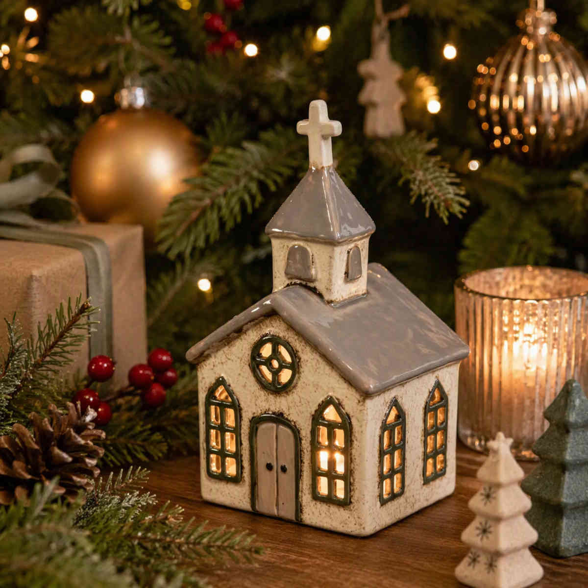 French Country Chapel Tealight Grey/Cream 12x8x21.5cm | Minimax