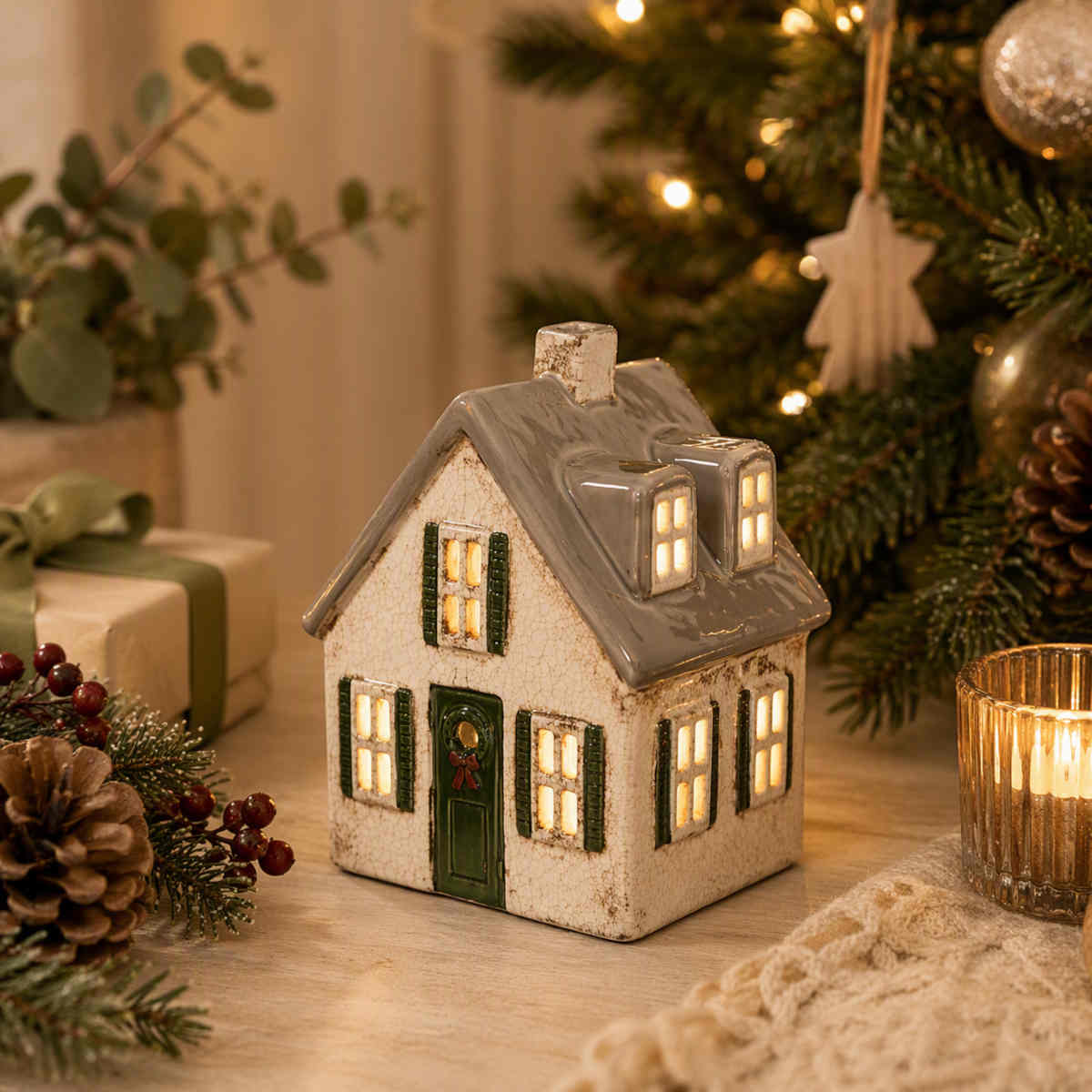French Country Villa Tealight with Wreath Cream/Grey 13.5x10.5x17cm | Minimax