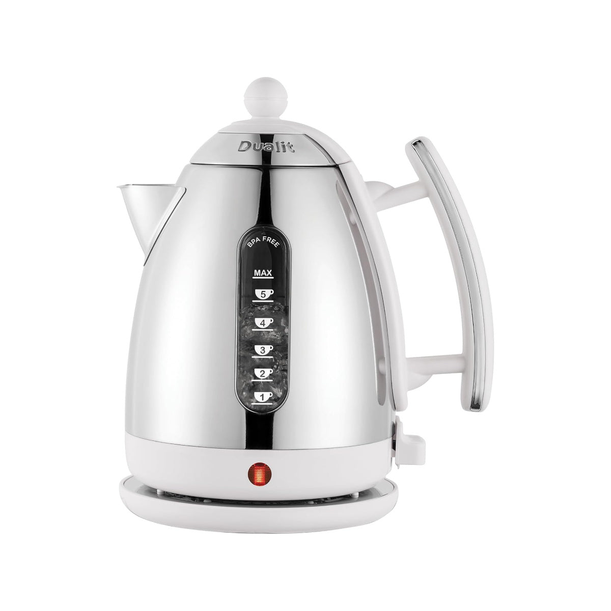Dualit Lite Kettle White 1.5L with polished stainless steel body, ergonomic handle, and water level indicator
