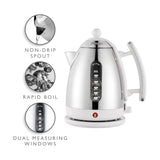 Dualit Lite Kettle White 1.5L with polished stainless steel body, ergonomic handle, and water level indicator