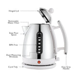 Dualit Lite Kettle White 1.5L with polished stainless steel body, ergonomic handle, and water level indicator
