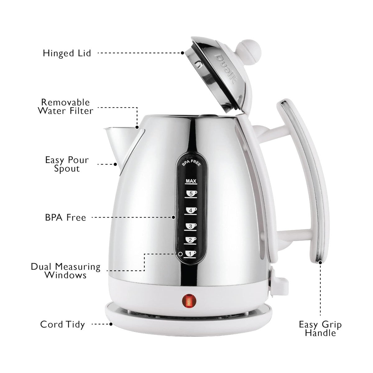 Dualit Lite Kettle White 1.5L with polished stainless steel body, ergonomic handle, and water level indicator